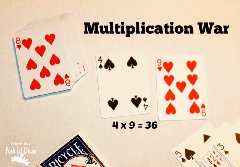 playing cards with the numbers 4 and 9 and the words "multiplication war, 4x9=36"