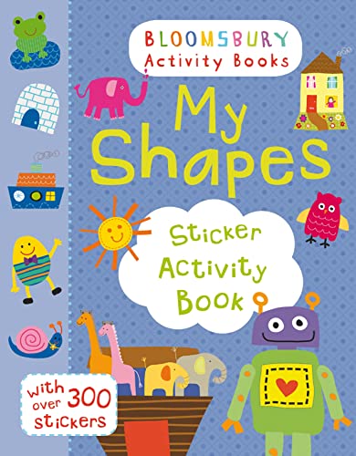 A bluish-purple cover says My Shapes; Sticker Activity Book. It has lots of stickers on it like a little girl, a tug boat, and a sun.