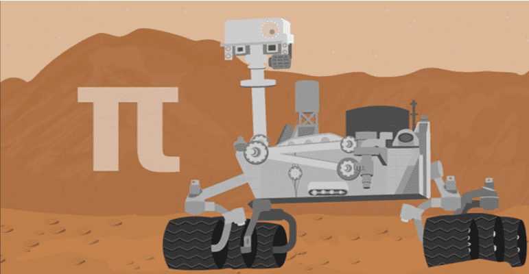 Símbolo de Pi e um veículo espacial sobre um fundo vermelho e castanho