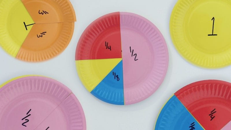 Colorful paper plates cut into pieces and reassembled to represent fractions