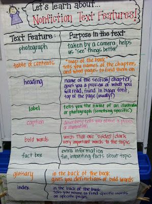 Text Features Chart Elementary