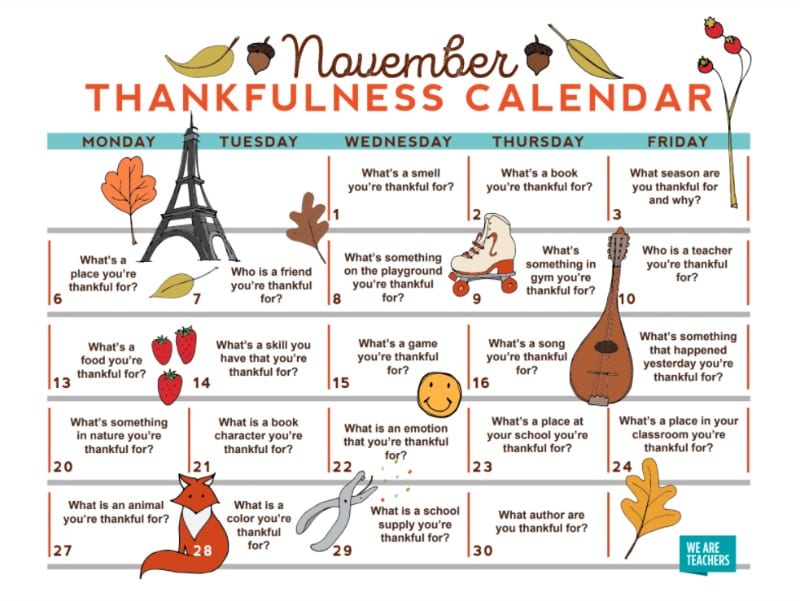 Free Nov 2017 #39 Thanksgiving Thankfulness #39 Calendar for Teachers