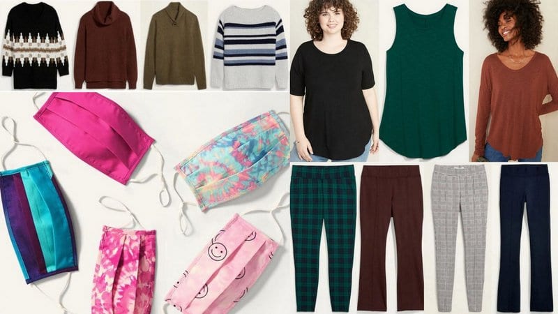 Collage of sweaters, leggings, face masks, and tees - Old Navy Teacher Favorites
