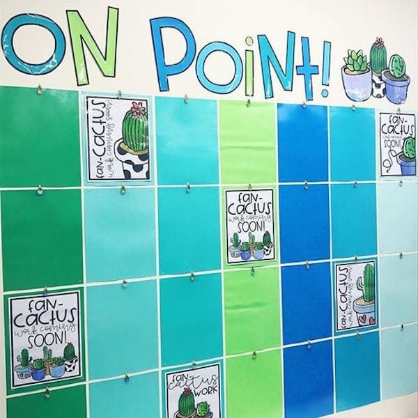 Classroom cactus wall display featuring blue and green squares and the words "on point"