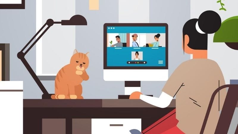 A cartoon sketch of a woman video chatting while her cat licks his paw on the desk.