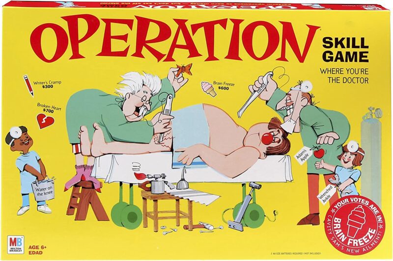 A silly cartoon scene of many doctors performing surgery on a man is shown- best board games for preschoolers. 