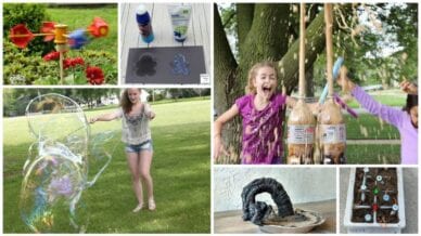 Collage of outdoor science experiments for kids