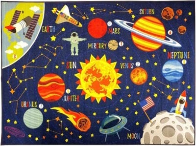 Space themed classroom carpet featuring planets and astronaut