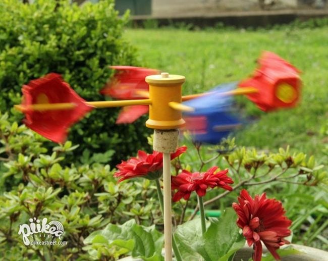 Anemometer made from egg carton pieces, wood dowels, and a spool (Outdoor Science)