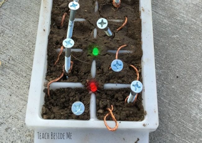 Ice cube tray filled with dirt, with screws and copper wire and small LEDs (Outdoor Science)