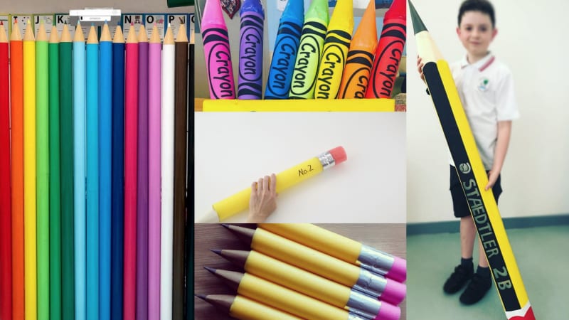 Collage of giant pool noodle pencils for the classroom