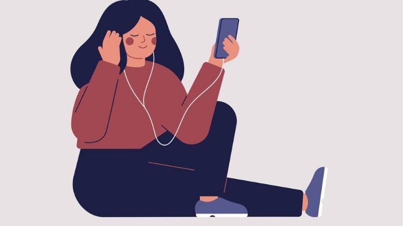 A cartoon sketch of a woman holding her phone with white earbuds listening to music.