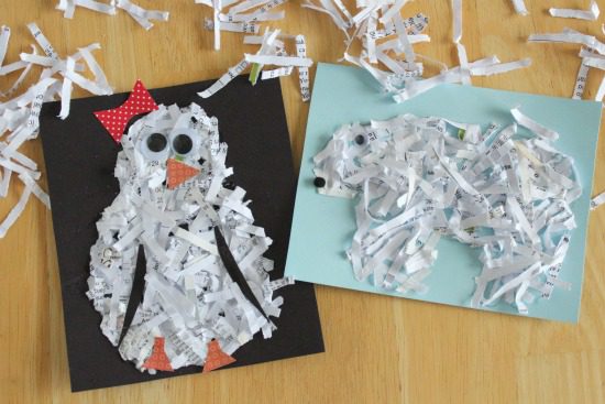 Shredded paper classroom winter crafts snowy animals.