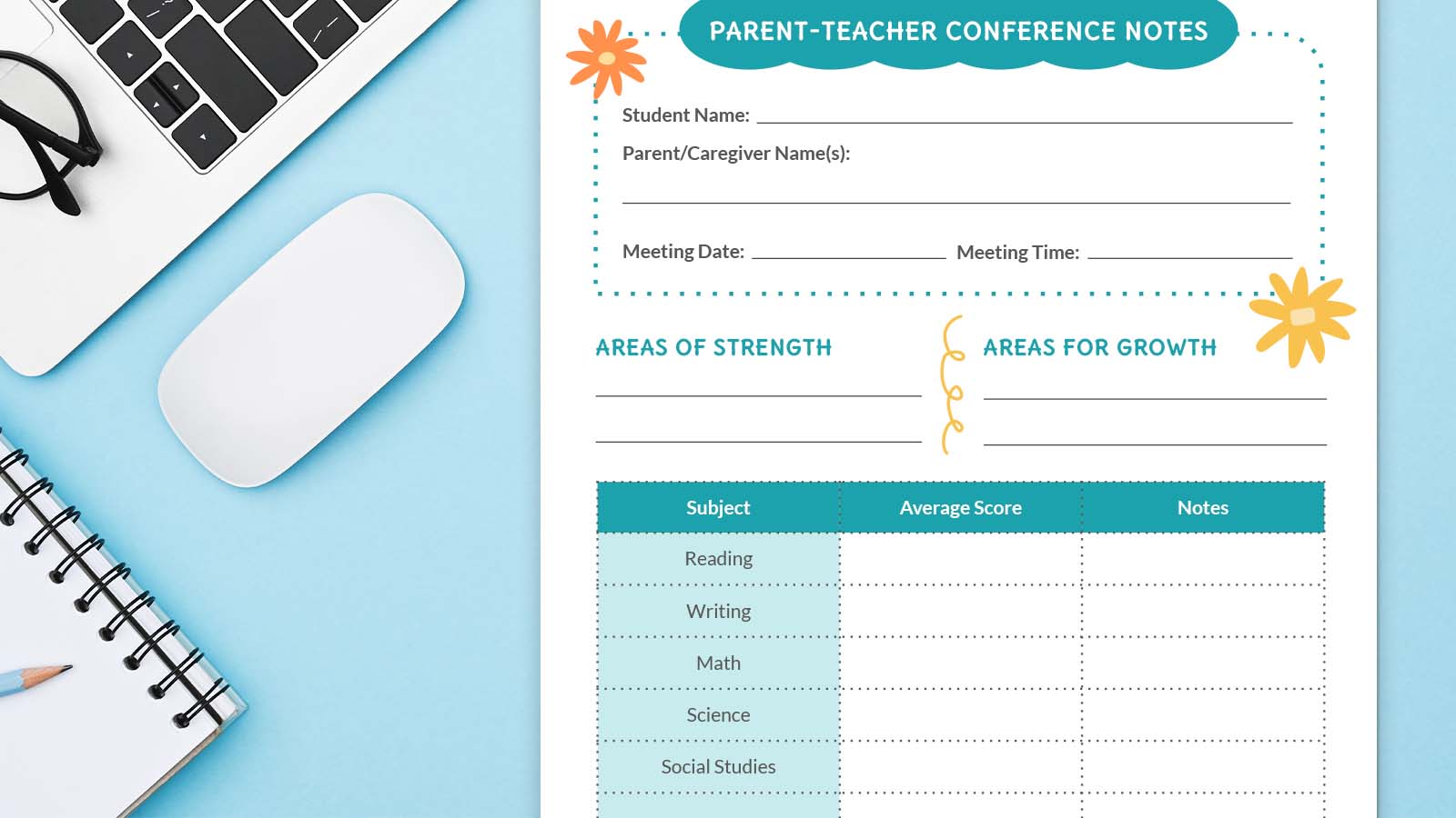 Parent-teacher conference form note on desk with mouse, laptop, and notebook.