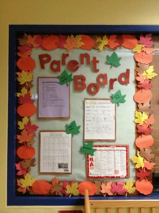 A calendar, schedule, and other important documents are on a board that is surrounded by pumpkins and leaves. Text reads, Parent Board.