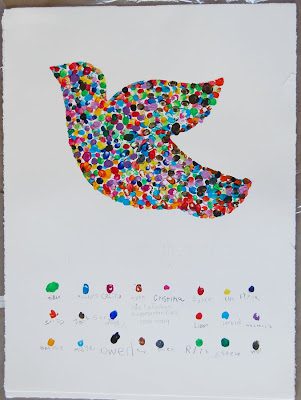 art auction ideas- the image of a colorful peace dove created from individual student fingerprints