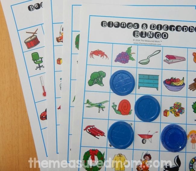 Blends and Digraphs Bingo cards with blue plastic markers