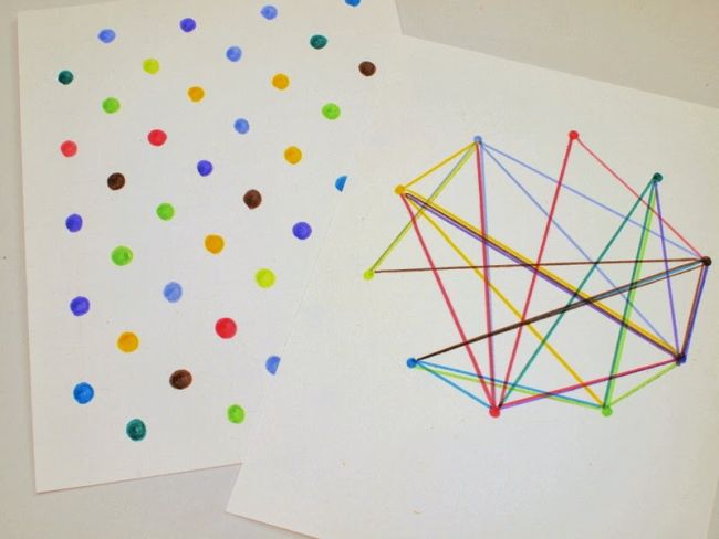 A white paper with multicolored dots and a white paper with colored lines connecting the dots for Pi Day art
