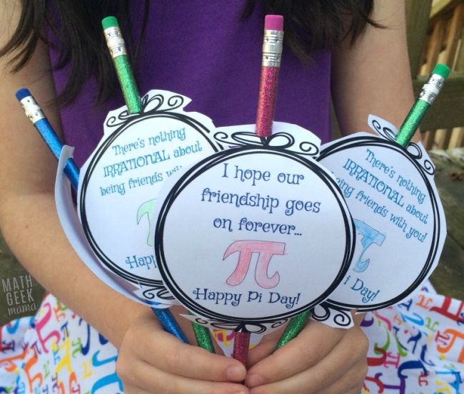 Hands holding circular gift tags attached to glitter pencils with pi-related puns for Pi Day activities for the classroom