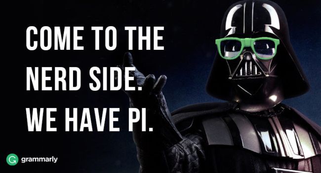 Meme del día de pi de Star Wars que dice Ven al lado nerd. Tenemos pi.