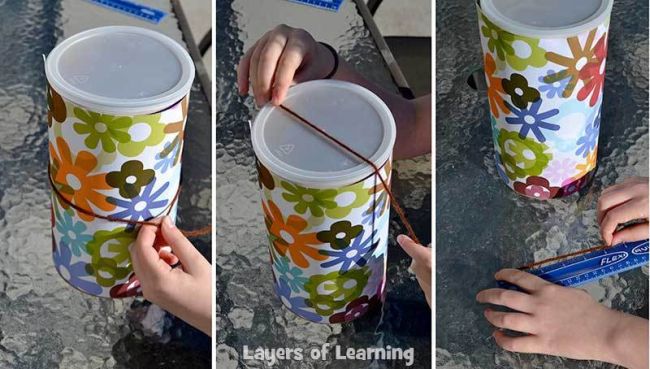 Collage of student hands measuring a cylindrical oatmeal container with yard and measuring the yarn with a ruler