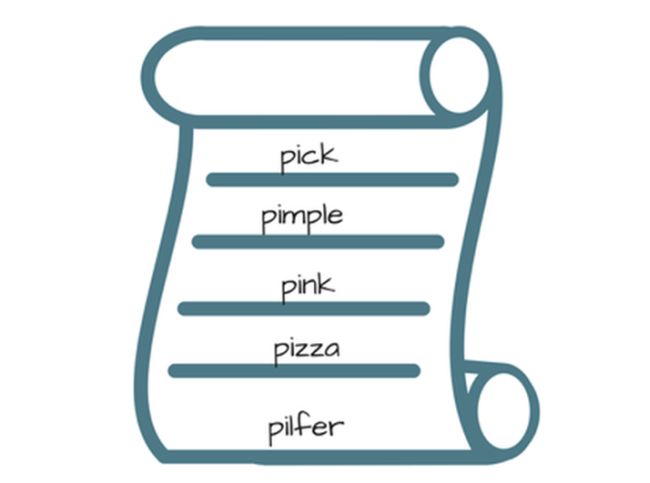Paper scroll with a list of words beginning with pi for pi day activities for the classroom