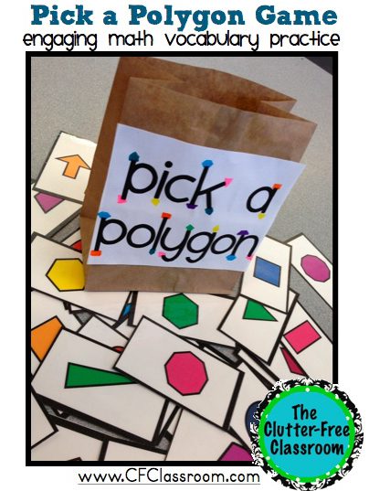 paper sack with pick a polygon written on it sitting on top of a bunch of white cards with colorful shapes printed on them 