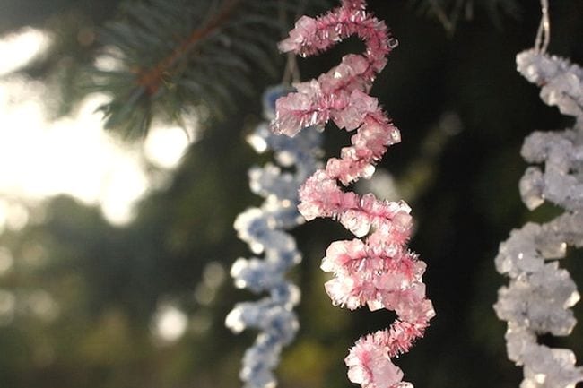 Crystal icicles made out of pipe cleaner hung on trees