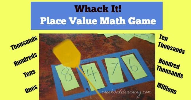 4-rectangle tape grid with number cards in each space, with child hitting one with a fly swatter (Place Value Activities)