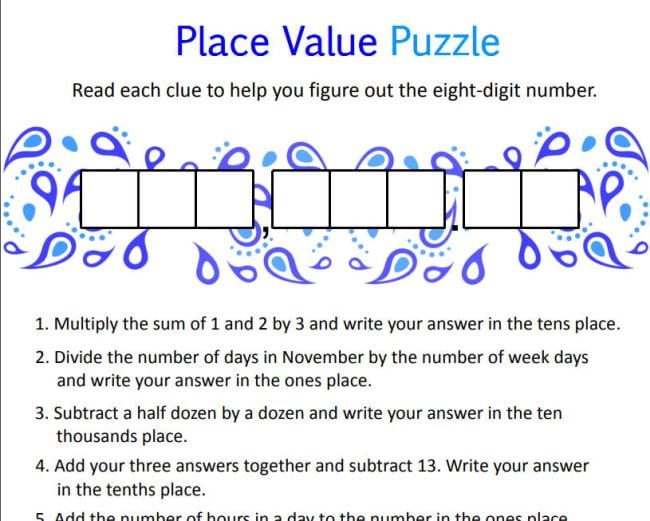 手がかりのシリーズと場所の値のパズルワークシート