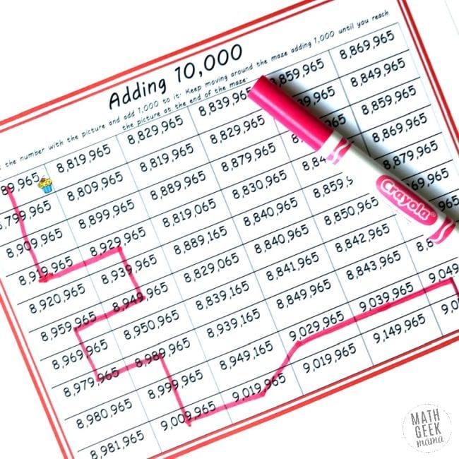 Adding 10,000 maze worksheet, available from Math Geek Mama