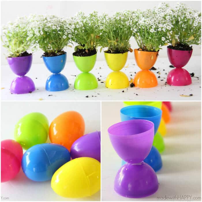 A mini garden using plastic Easter eggs