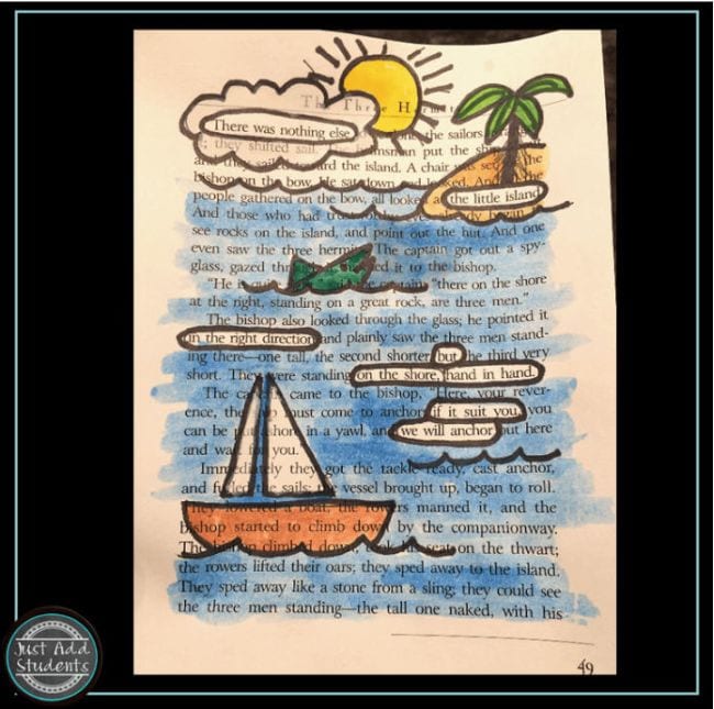 Page from a book with words and phrases circled, illustrated with an ocean scene (Poetry Games and Activities)