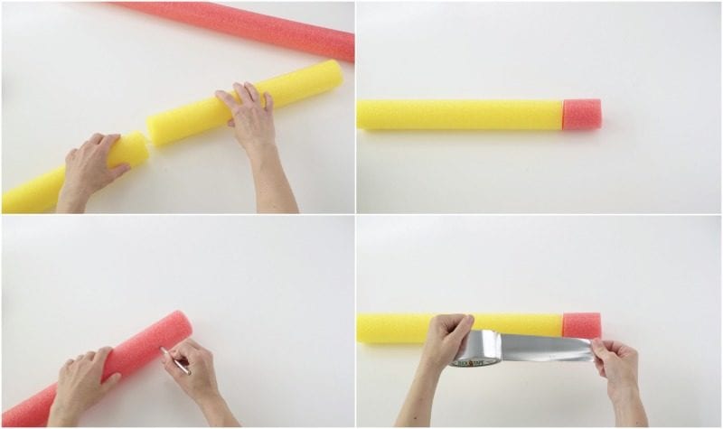 Collage of teacher creating giant pencil using pool noodles