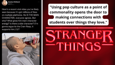Paired image of two ways teacher uses pop culture in classroom via TikTok and Stranger Things