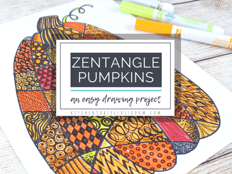 Fall art projects can include this pumpkin zentangle. A pumpkin drawing is divided into sections and each section has a different design in it.