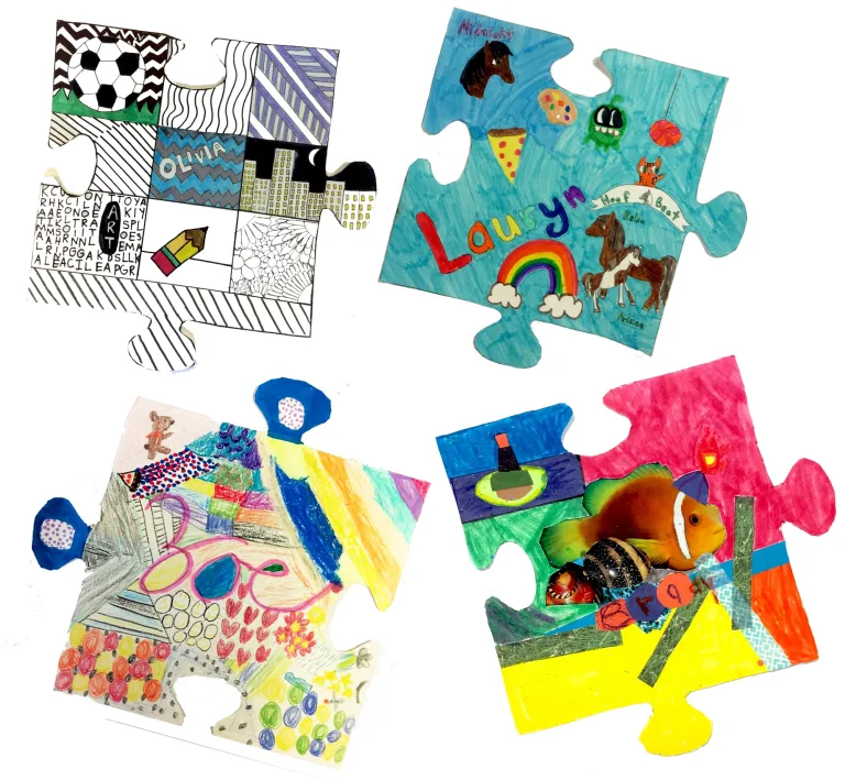 art auction ideas- colorful puzzle pieces created by students 