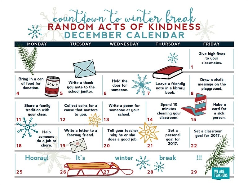 Random Acts of Kindness Calendar Free Printable for the Classroom