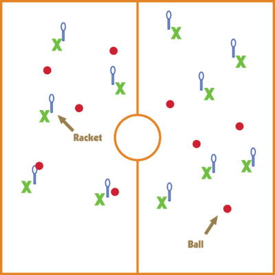 A diagram shows how to setup the game Rack It, Whack It.