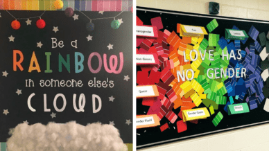 Rainbow bulletin boards, including "Love Has No Gender" with rainbow paint chips and "Be the Rainbow in Someone's Cloud" with cloud made of cotton
