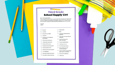 Third grade school supply list on colored background