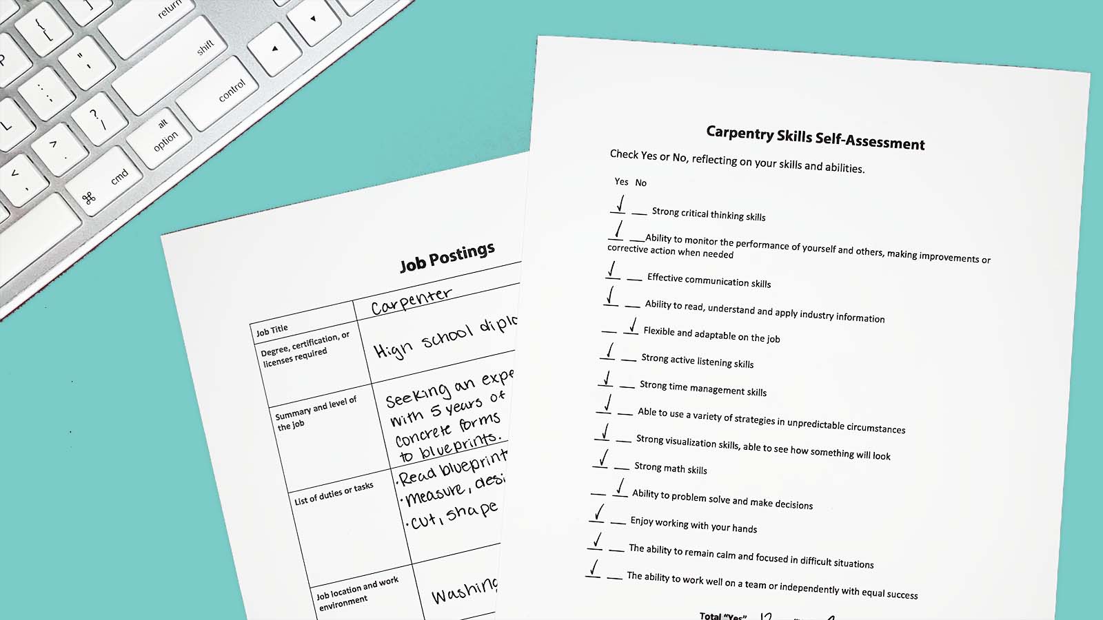 Carpentry printable self assessment and job posting worksheets on desk with keyboard