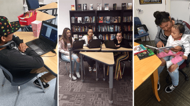 Collage of high school students reading on digital devices and library books - help readers