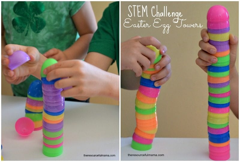 Students stacking plastic Easter egg halves into tall towers