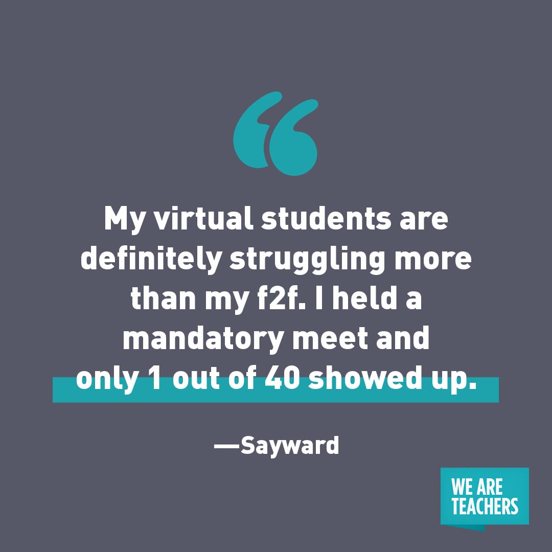 “My virtual students are definitely struggling more than my f2f. I held a mandatory meet and only 1 out of 40 showed up." —Sayward