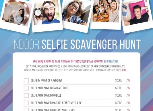 Indoor Selfie Scavenger Hunt with selfie photos across the top