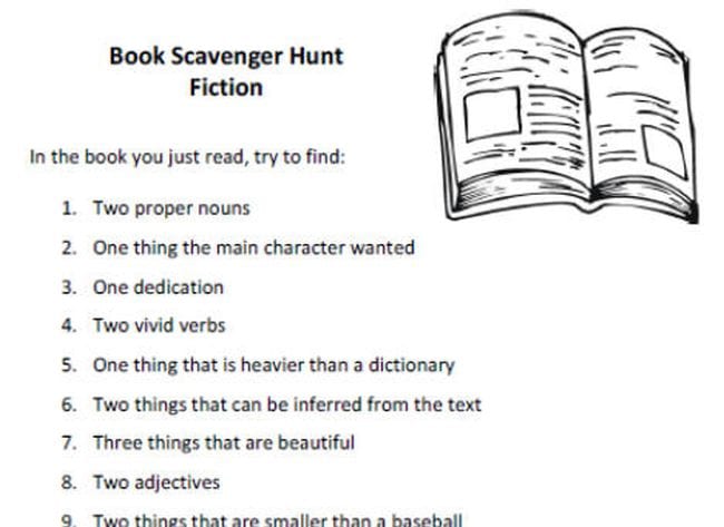 Book scavenger hunt with items like two proper nouns and two vivid verbs
