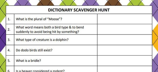 Printable Dictionary scavenger hunt