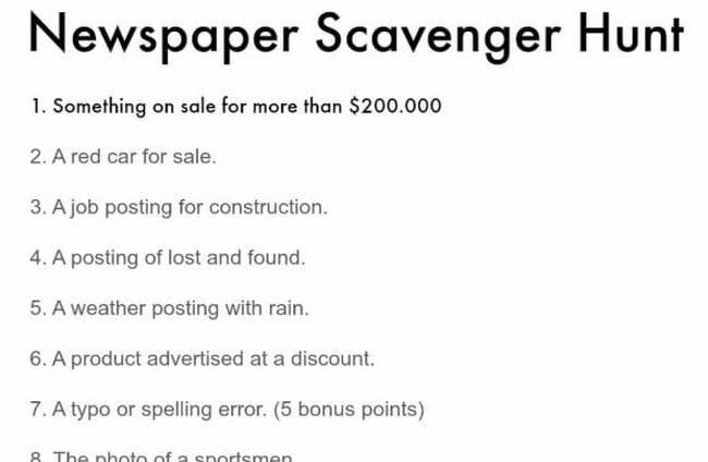 Newspaper Scavenger Hunt printable