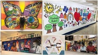 Five Images of School Mural Ideas about Joy and Kindness.